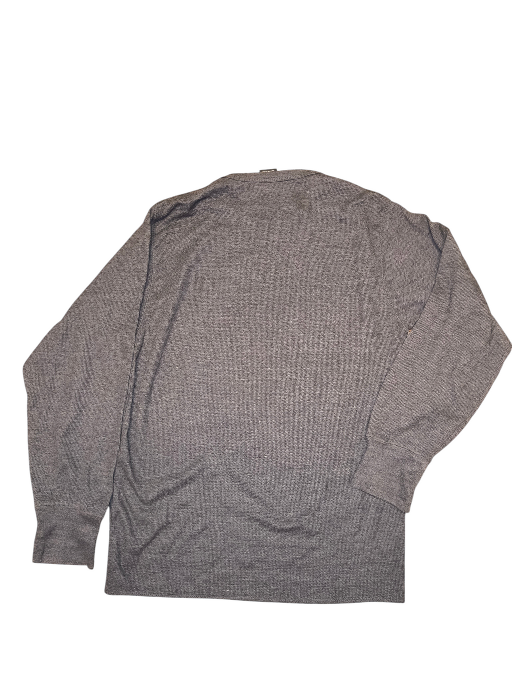 Back view of a grey long-sleeve thermal shirt from Awsum Thrift featuring a textured waffle knit fabric.