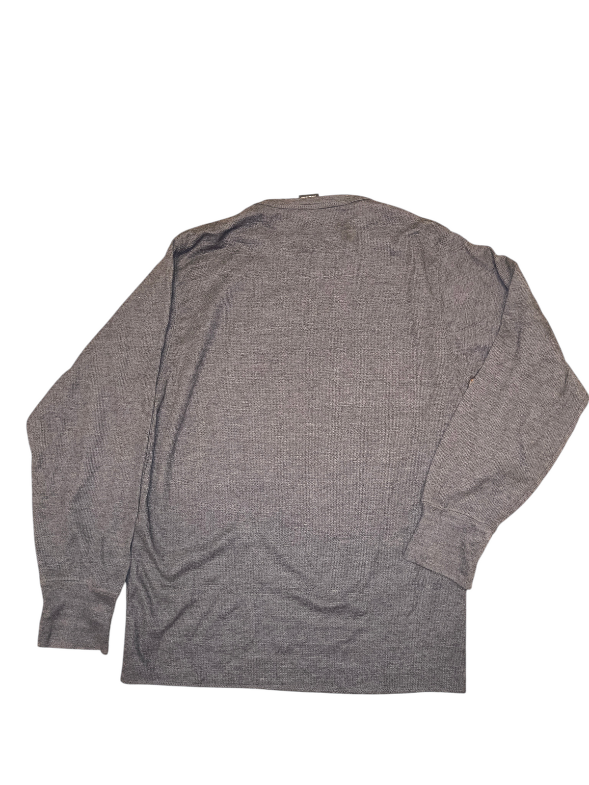 Back view of a grey long-sleeve thermal shirt from Awsum Thrift featuring a textured waffle knit fabric.