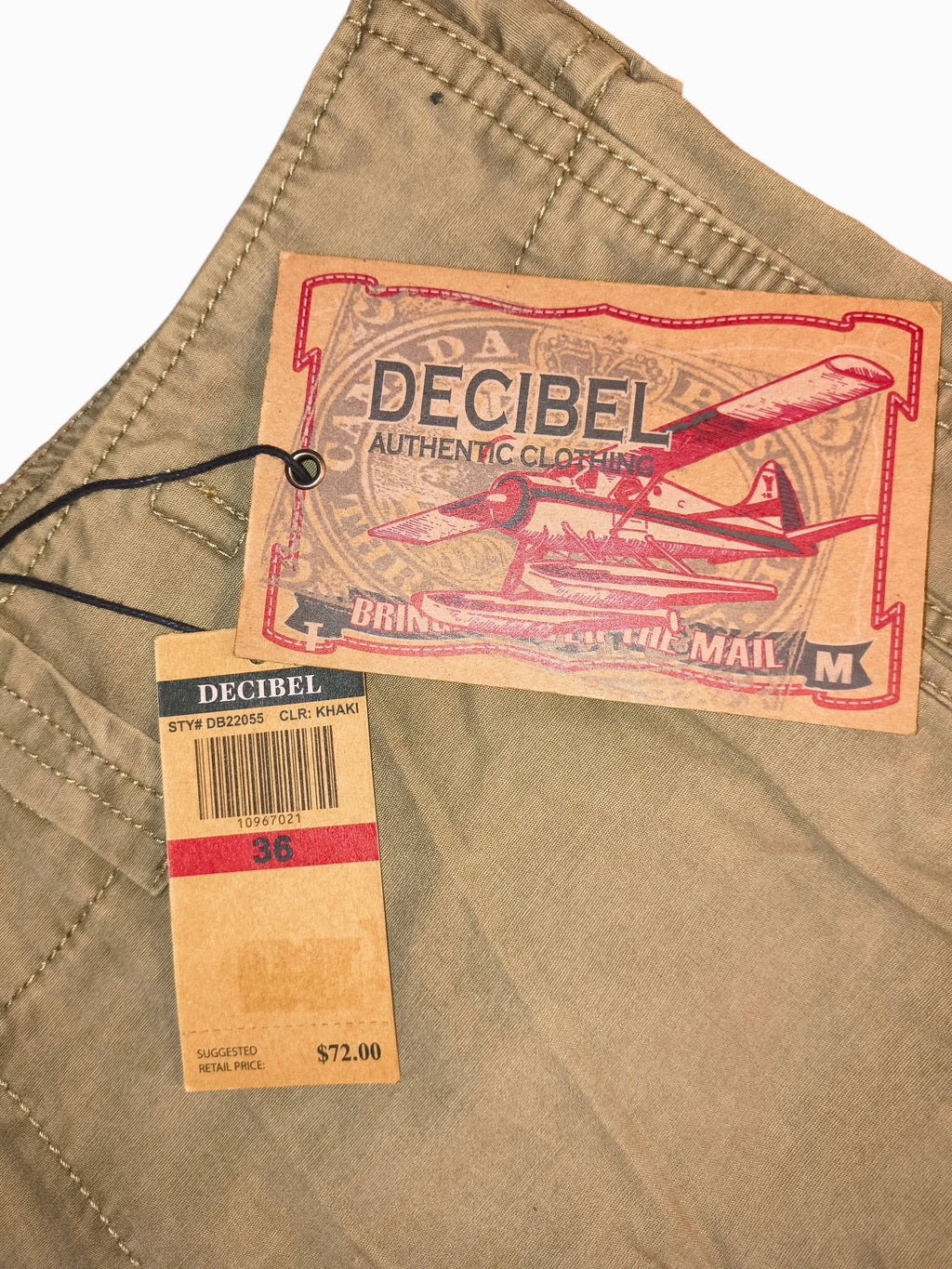 Awsum Thrift Decibel khaki cotton canvas tactical cargo pants with original retail tags and vintage-style brand label