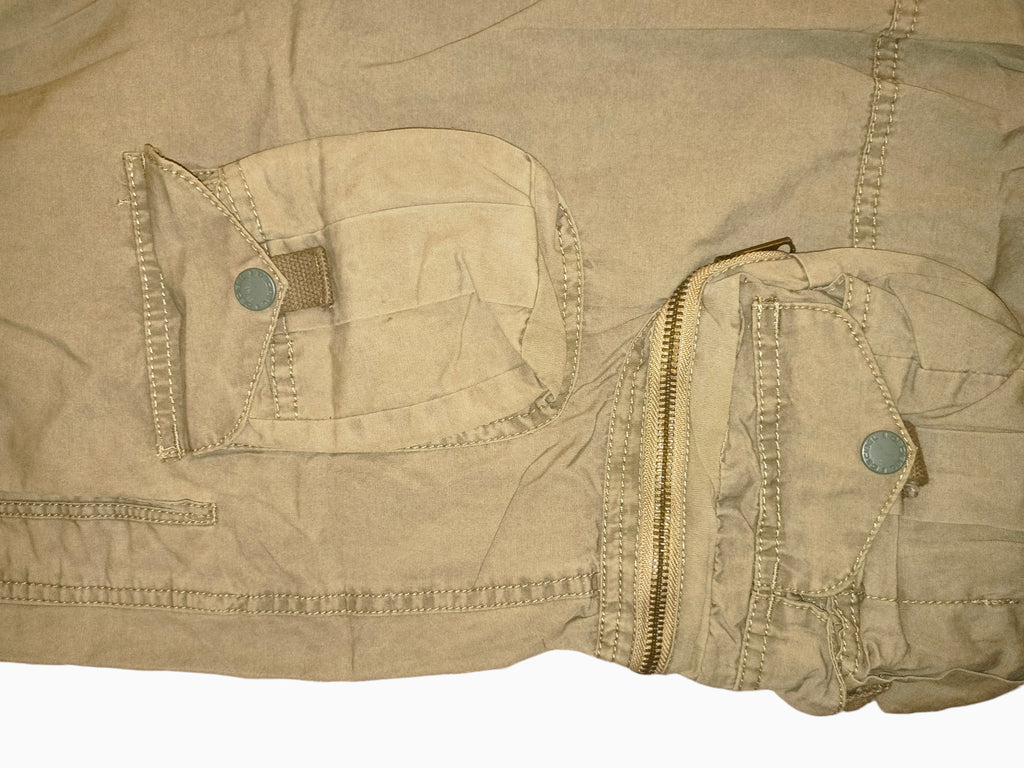 Awsum Thrift Decibel khaki tan cotton canvas tactical cargo pants with utility pockets and snap button flaps