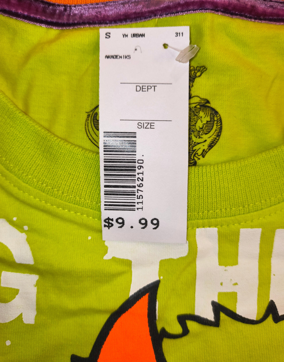 Awsum Thrift Akademiks lime green and white graphic tee with original retail price tag attached