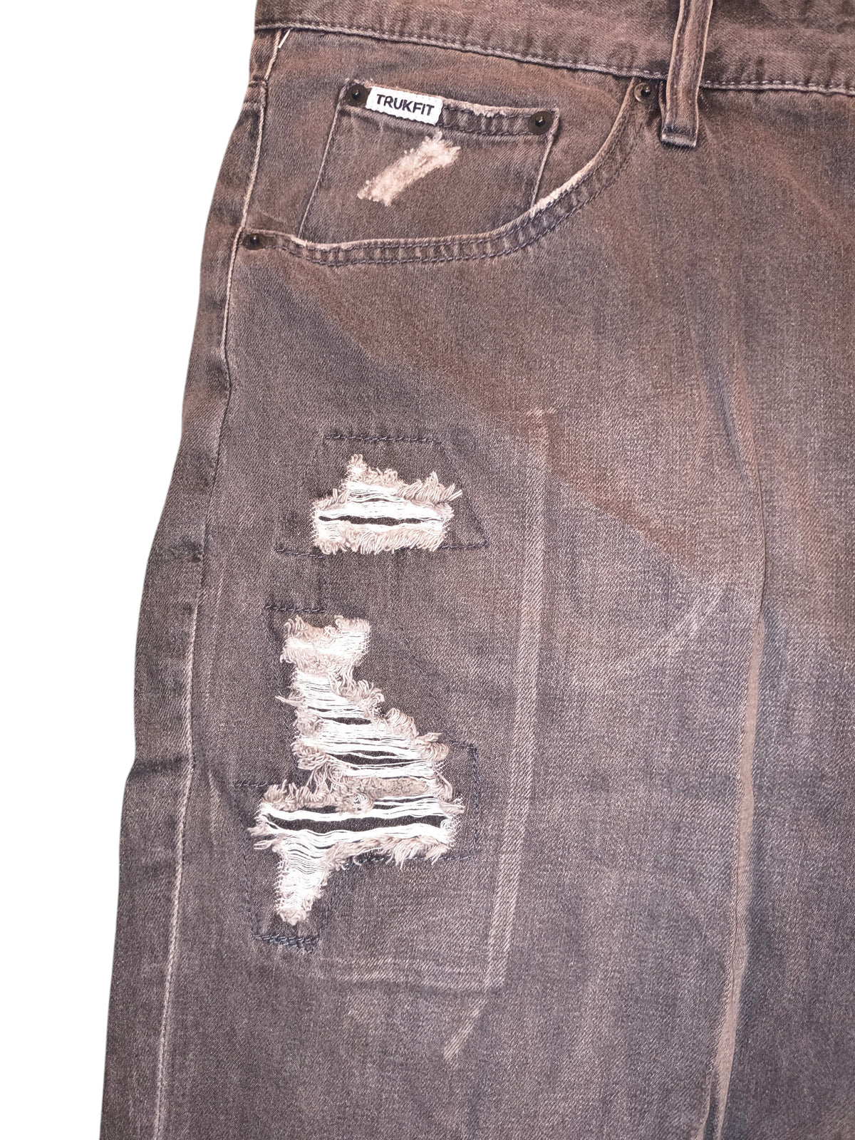 Awsum Thrift Truck Fit shorts in washed grey denim with distressed ripped detailing and a small logo patch