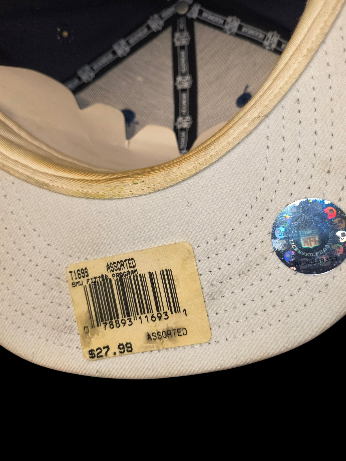 Awsum Thrift vintage Reebok NFL Seattle Seahawks fitted hat interior showing original tags and holographic sticker